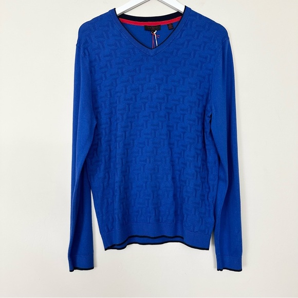 Ted Baker London Golf Blue LS Knitted V Neck Jumper Textured - Picture 1 of 11